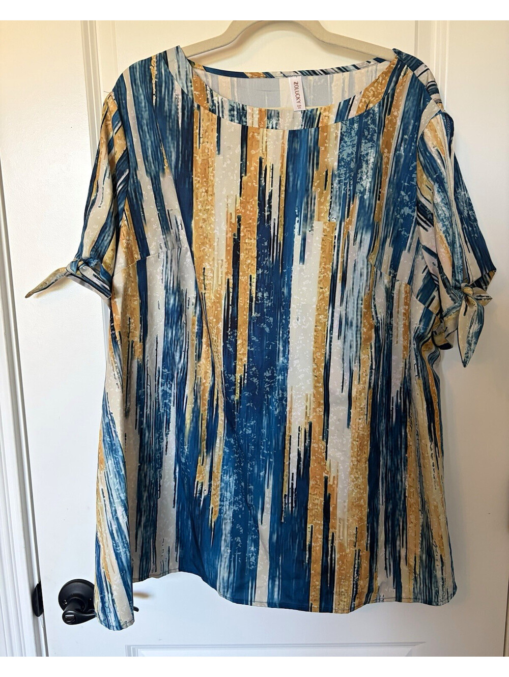 ZOLUCKY Blouse 2X Plus Blue Beige White Striped Tie Cuff Woven Polyester